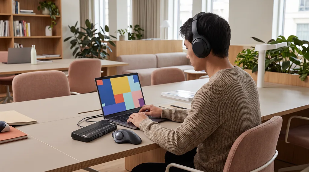 A person working at a laptop with a high-contrast, oversized interface, wearing over-ear headphones, with a refreshable braille display and an ergonomic trackball on the desk beside the keyboard