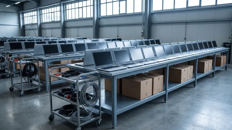 Rows of identical laptops staged on steel workbenches, with cable carts and boxed equipment alongside