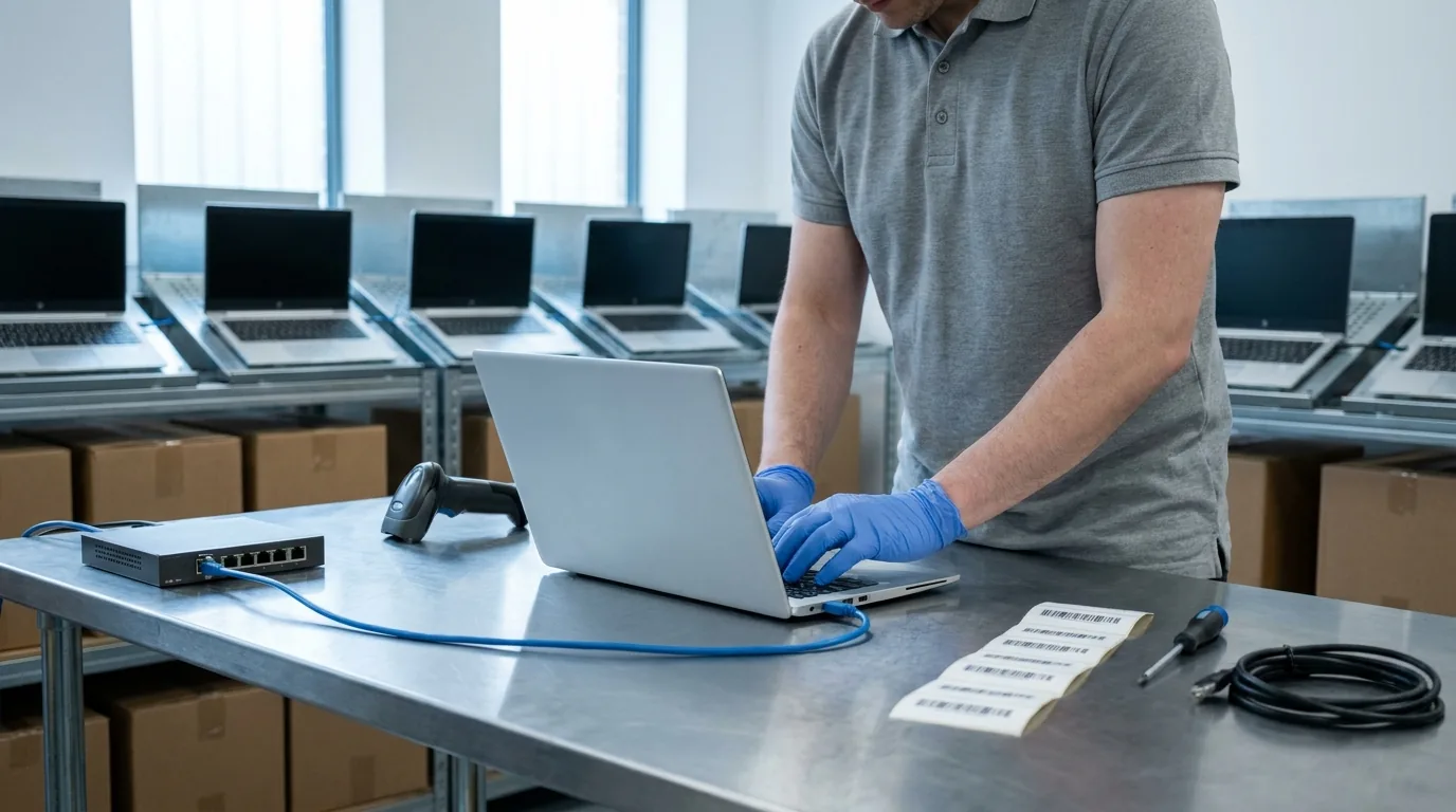 A technician in gloves configuring an open laptop at a steel workbench, a barcode scanner and label sheet beside it, racks of identical laptops staged behind