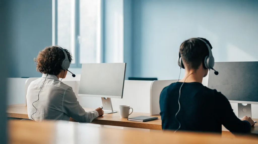 Two COLAMCO customer service agents in headsets at a bright open-plan desk, taking calls