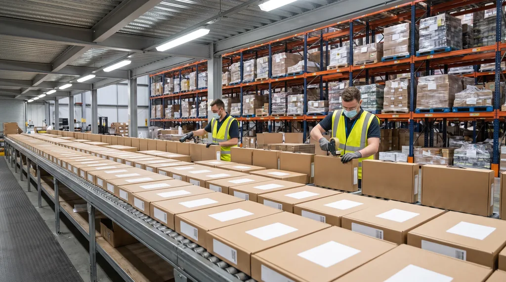 A depot fulfilment bench lined with dozens of identical laptop cartons carrying blank white labels, two workers in gloves scanning and boxing, tall pallet racking behind them