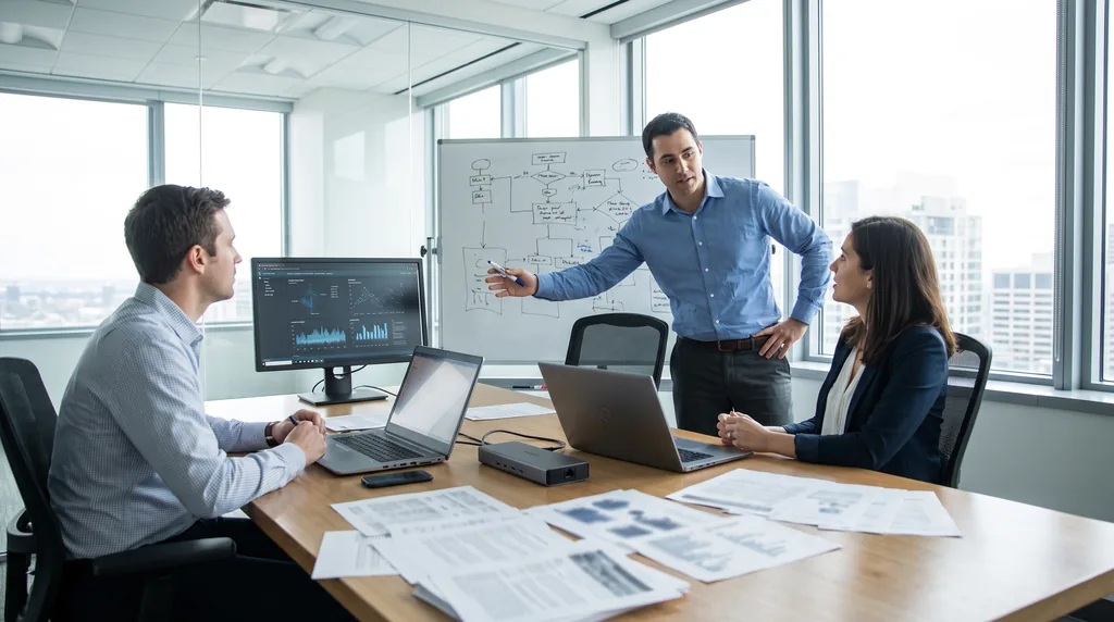 Three engineers around a meeting table with two open laptops, a docking station, a monitor and printed specification sheets, one of them gesturing at a whiteboard of diagrams beside a daylit glass wall