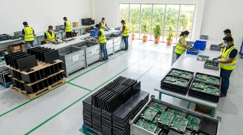 An IT asset recycling floor: pallets of end-of-life equipment sorted into separate bins of monitors, laptops and circuit boards, workers in gloves and hi-vis sorting components in a clean daylit facility with green floor markings