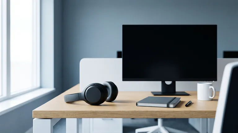 An unattended customer support desk with a headset, notebook and monitor by a bright window