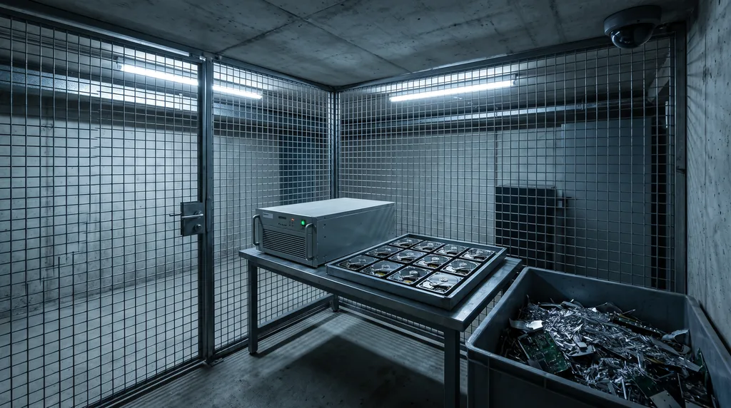 Inside a heavy wire-mesh security cage: a workbench holding a rack-mount degausser and a tray of opened bare hard drives, a bin of shredded metal fragments beside it and a ceiling security camera above