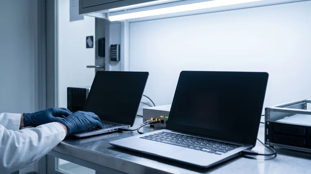 Two laptops side by side on a steel bench in a secure room, cabled to a small transfer appliance showing amber and green status lights, a technician's gloved hands at one keyboard