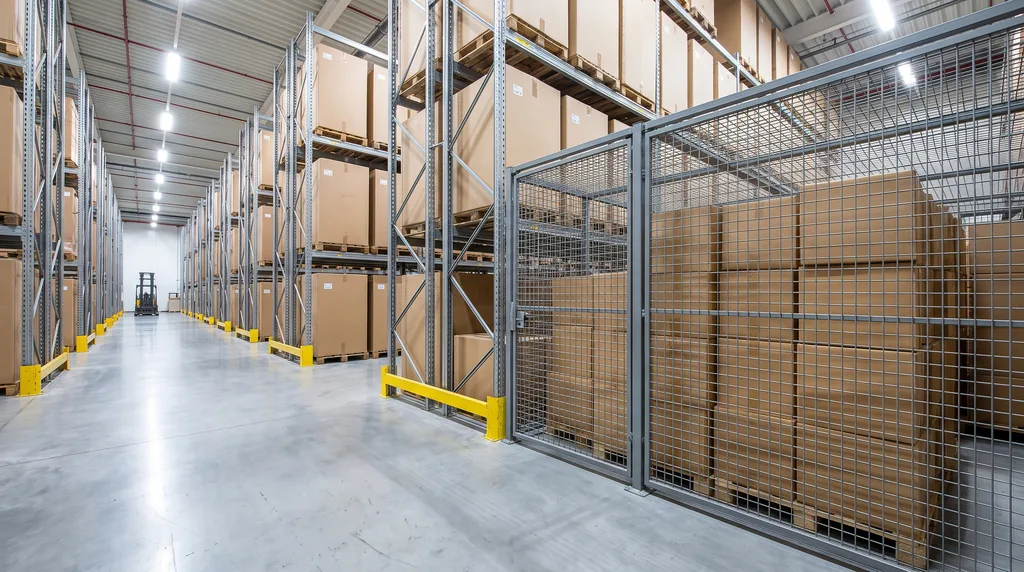 A secure warehouse interior: a closed wire-mesh caged storage bay in the foreground holding neatly stacked IT cartons, tall pallet racking down a wide clean aisle behind it