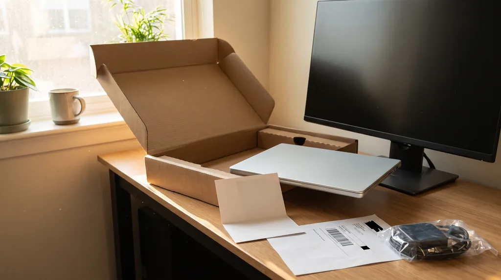 A home office desk in morning daylight: an opened shipping carton with its flaps up, a new laptop lifted out beside a monitor, a folded instruction card, a prepaid return label and a bagged charger