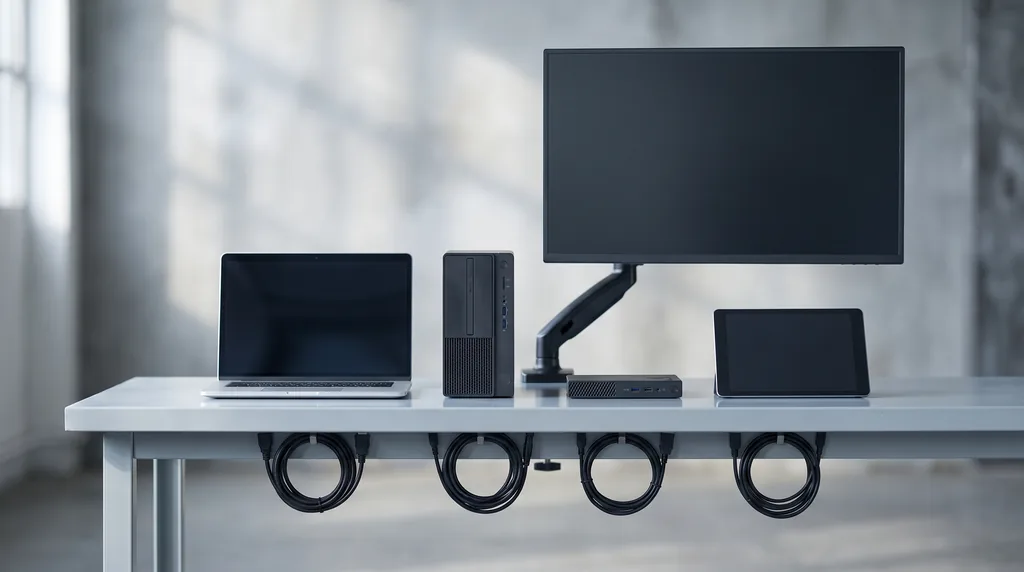 A laptop, a compact desktop tower, a thin client and a tablet laid out in a row on a light steel workbench with coiled cables and a monitor on an arm behind