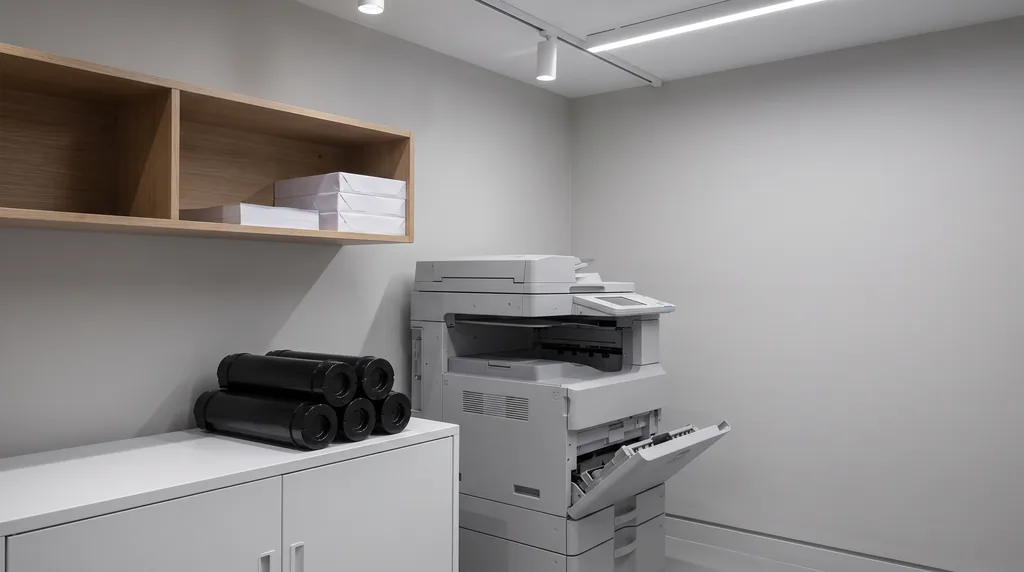 An office print room: a large multifunction printer with its paper drawer open, three plain toner cartridges stacked on a low cabinet beside it and reams of paper on a shelf