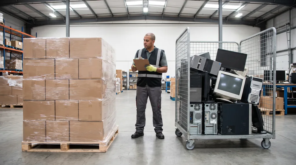 A refresh staging floor: a shrink-wrapped pallet of new sealed cartons on the left, a wheeled cage of older desktop towers and monitors awaiting collection on the right, and a worker in gloves with a clipboard standing between them