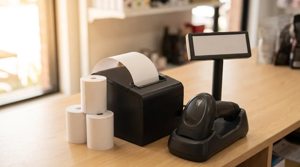 Point-of-sale consumables on a retail back-counter: a thermal receipt printer part-way through a blank print, stacked rolls of receipt paper, a handheld barcode scanner in its cradle and a small customer-facing pole display