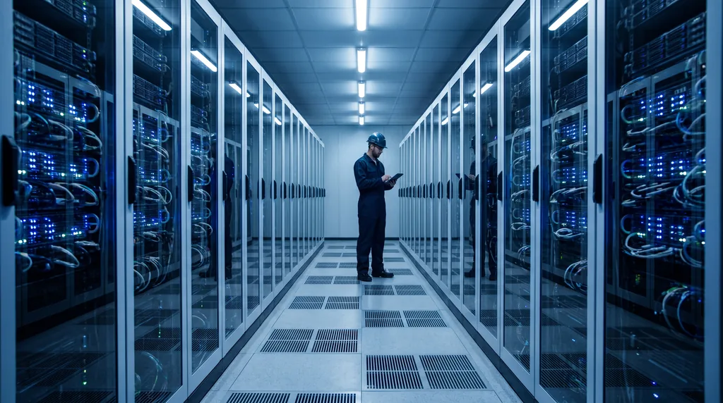 A data centre cold aisle: two long rows of densely cabled server racks with small blue status lights receding into the distance, a technician with a tablet standing at the far end