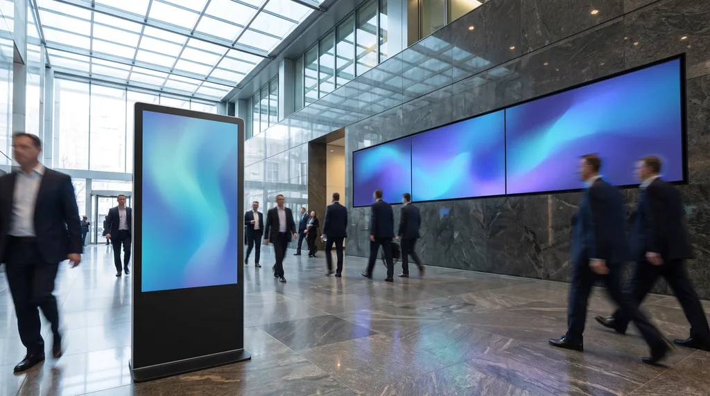 A corporate building lobby with digital signage: a freestanding portrait display and a row of three wall-mounted landscape screens carrying soft abstract blue imagery, people crossing the polished stone floor in motion blur