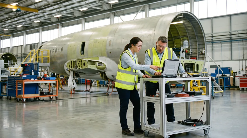 Two engineers in safety glasses and hi-vis vests consulting a ruggedized laptop on a rolling stand inside an aerospace hangar, a large part-assembled aircraft fuselage section behind them under high bay lighting