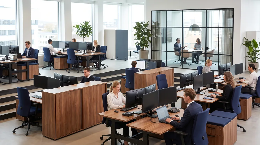A bright corporate open-plan office floor at mid-morning: employees working at desks with dual monitors and docked laptops, warm wood and navy furniture, two colleagues talking in a glass meeting room behind
