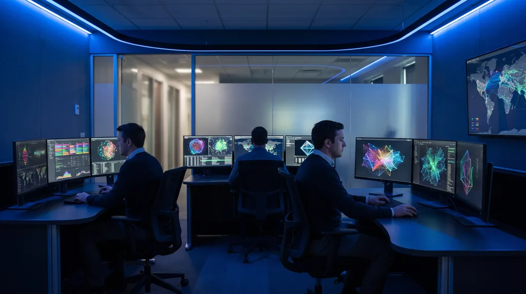Three engineers at consoles in a dimly lit program operations room, each station carrying several large monitors of charts and network diagrams, a glass partition wall behind them