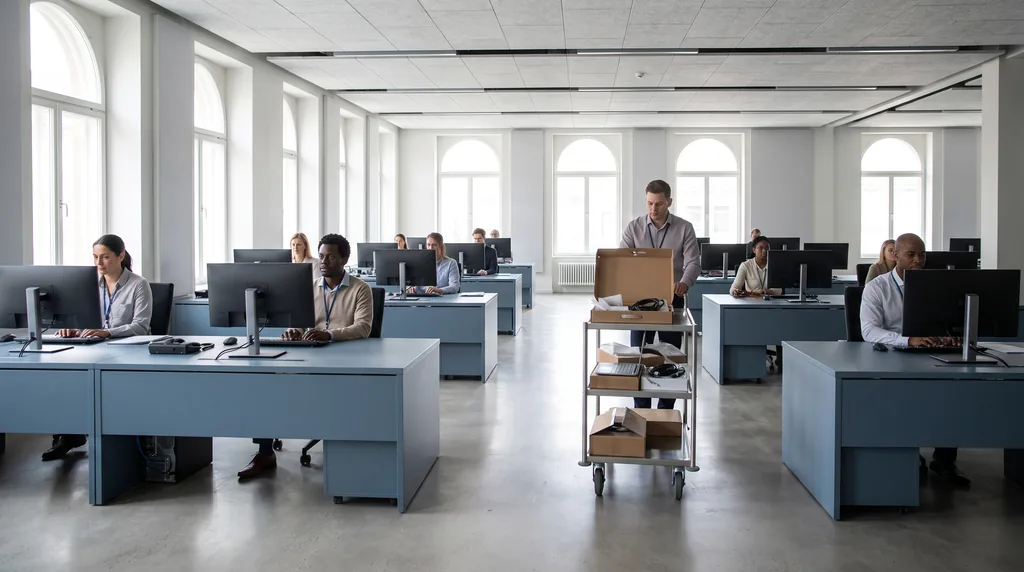 A government office floor of paired workstations under tall daylight windows, staff working at monitors, a wheeled cart of freshly unboxed laptops waiting in the aisle