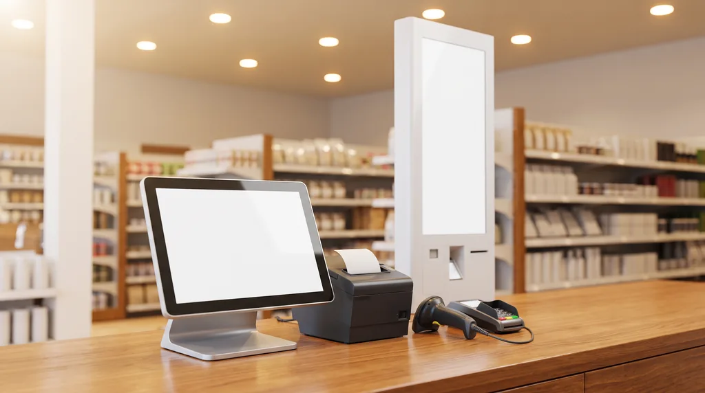 A modern retail checkout counter with a touchscreen point-of-sale terminal, receipt printer, handheld barcode scanner and card reader, a self-service kiosk column behind and softly blurred store shelving