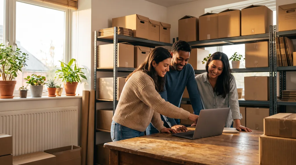 Three colleagues leaning over a single laptop on a wooden table in a small business back office, shelves of stock boxes behind them and plants on a sunlit windowsill