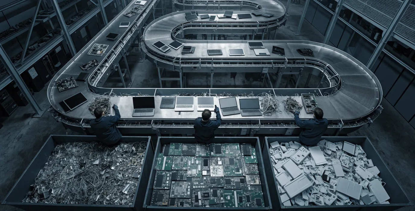 Technicians working an overhead recycling conveyor line, sorting laptops and circuit boards into separate bins of metals, boards and plastics