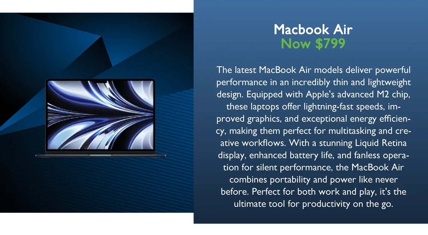 MacBook Air panel: an open MacBook Air shown beside a description of its M2 chip, Liquid Retina display and fanless design